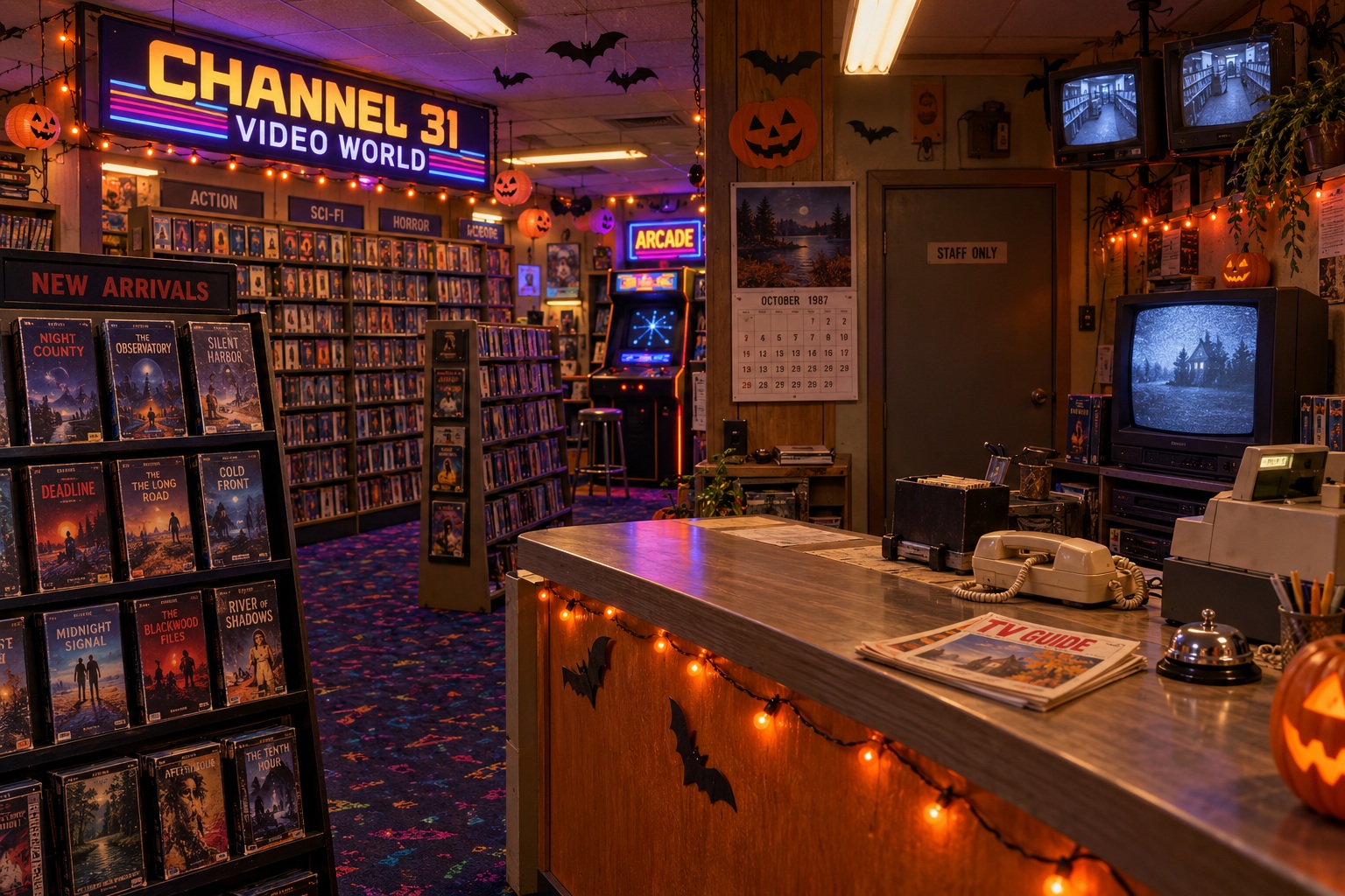 A colourful 1987 Halloween video rental store, with shelves, arcade, counter, televisions and a back-room door